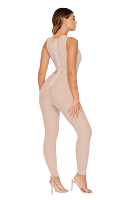 How Deep Is Your Love Plunge Bandage Jumpsuit in Nude