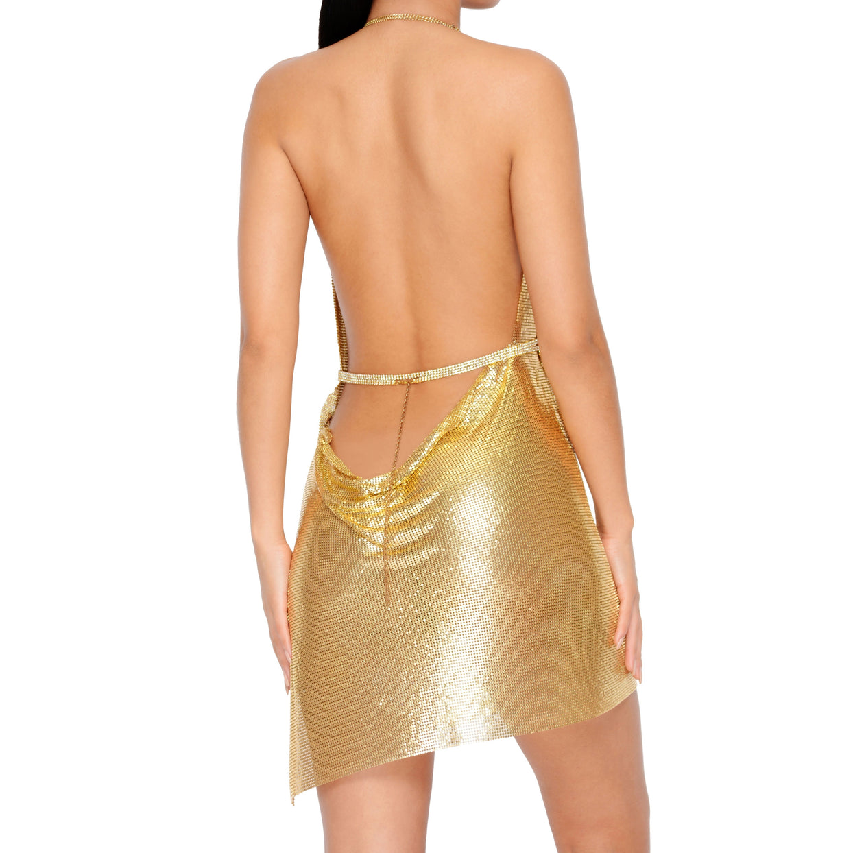 Let's Glow All The Way Plunge Chainmail Mini Dress in Gold