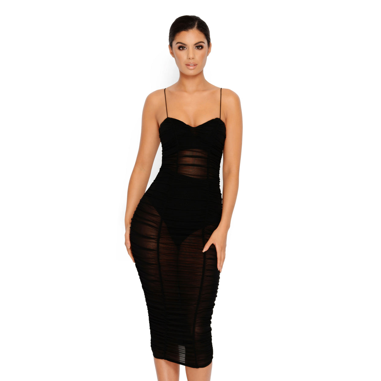 Sheer All About It Strappy Ruched Midi Dress in Black