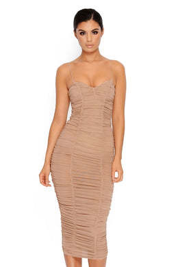 Sheer All About It Strappy Ruched Midi Dress in Coffee