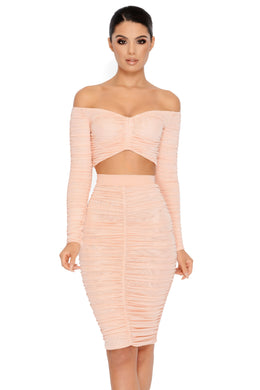 Do The Twist Ruched Midi Skirt in Blush