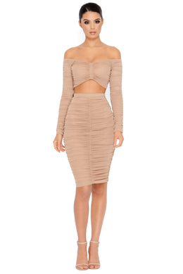 Do The Twist Ruched Midi Skirt in Coffee
