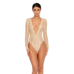 Lace Be Honest Long Sleeve Plunge Bodysuit in Cream