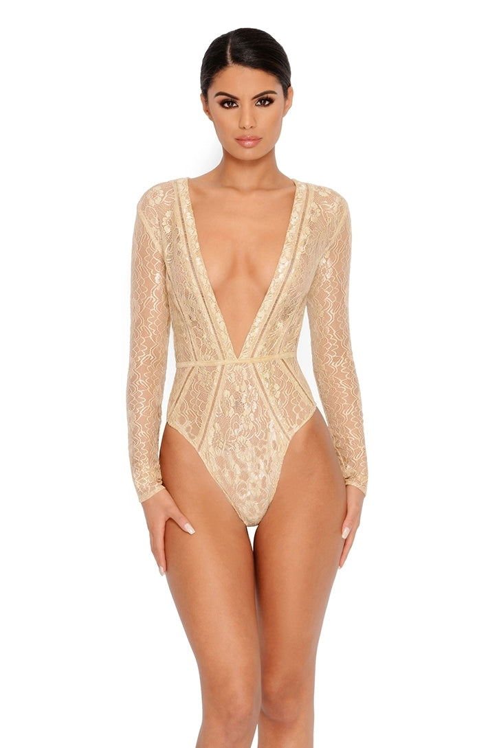 Lace Be Honest Long Sleeve Plunge Bodysuit in Cream