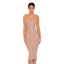 Wait A Midi Scoop Neck Ribbed Bandage Dress in Taupe