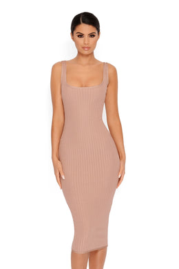 Wait A Midi Scoop Neck Ribbed Bandage Dress in Taupe