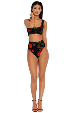 Bed Of Roses Floral High Waisted Bottoms in Black
