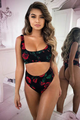 Bed Of Roses Floral High Waisted Bottoms in Black