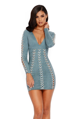 Throw A Curve Ball Lace Up Long Sleeve Mini Dress in Teal