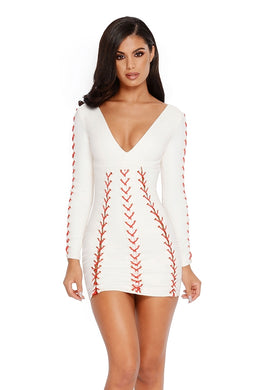Throw A Curve Ball Lace Up Long Sleeve Mini Dress in Ivory