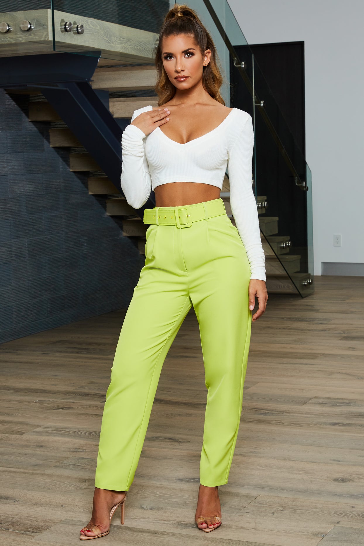 Tailor To You Belted High Waisted Trousers in Lime