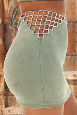 Diamonds Are Forever Embellished Suede Mini Skirt in Light Green