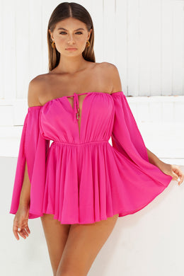 Pleat Wave Relaxed Fit Bardot Off The Shoulder Playsuit in Pink