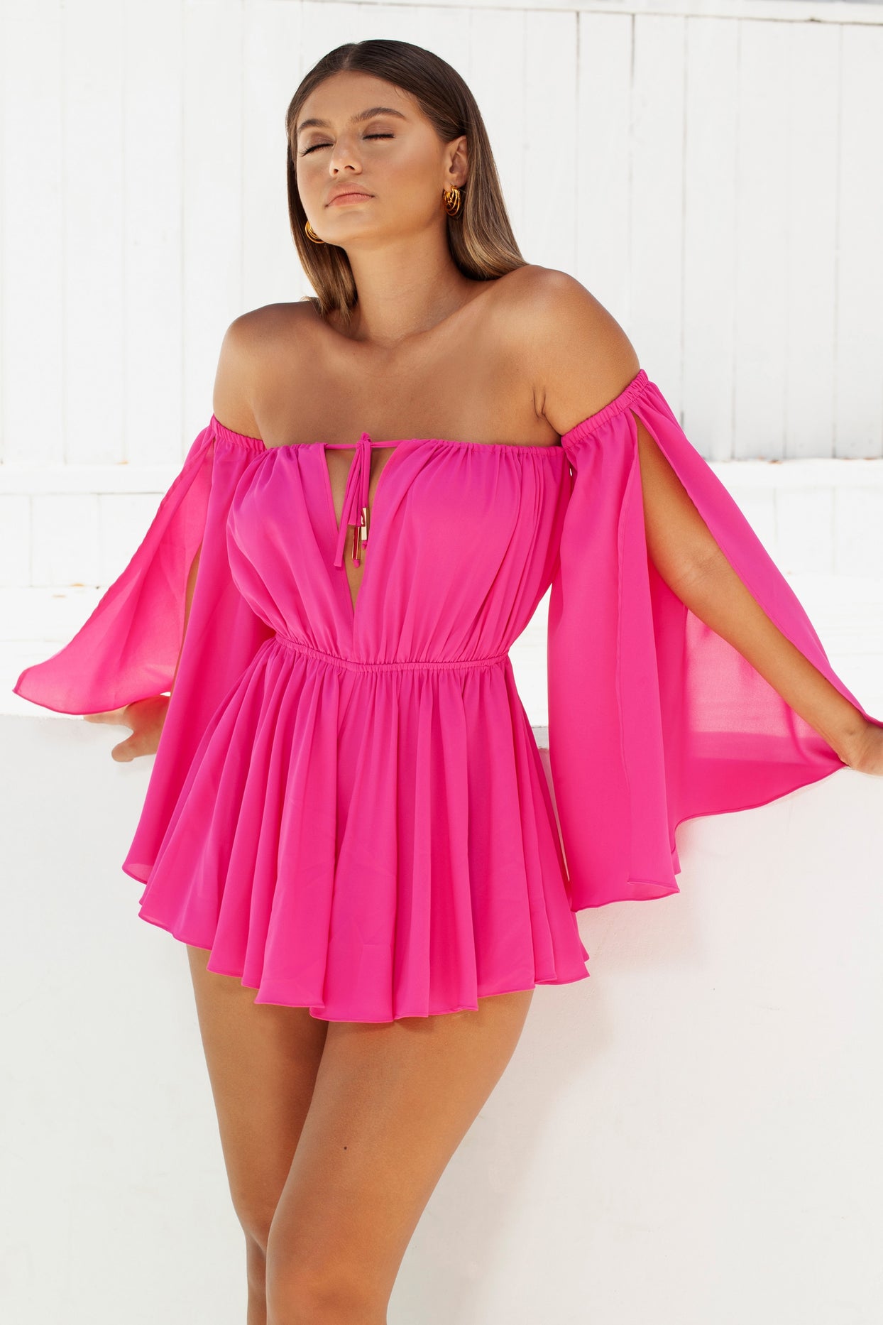 Pleat Wave Relaxed Fit Bardot Off The Shoulder Playsuit in Pink