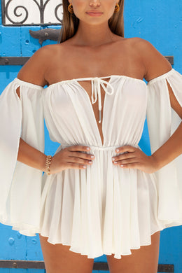 Pleat Wave Relaxed Fit Bardot Off The Shoulder Playsuit in White