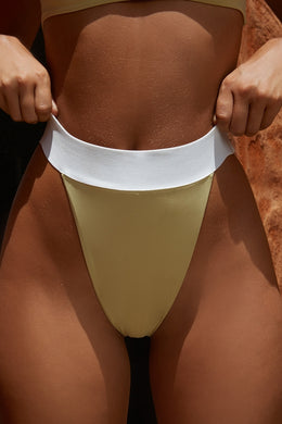 Down To A Tee Colour Contrast High Leg Thong Bikini Bottoms in Sand & White