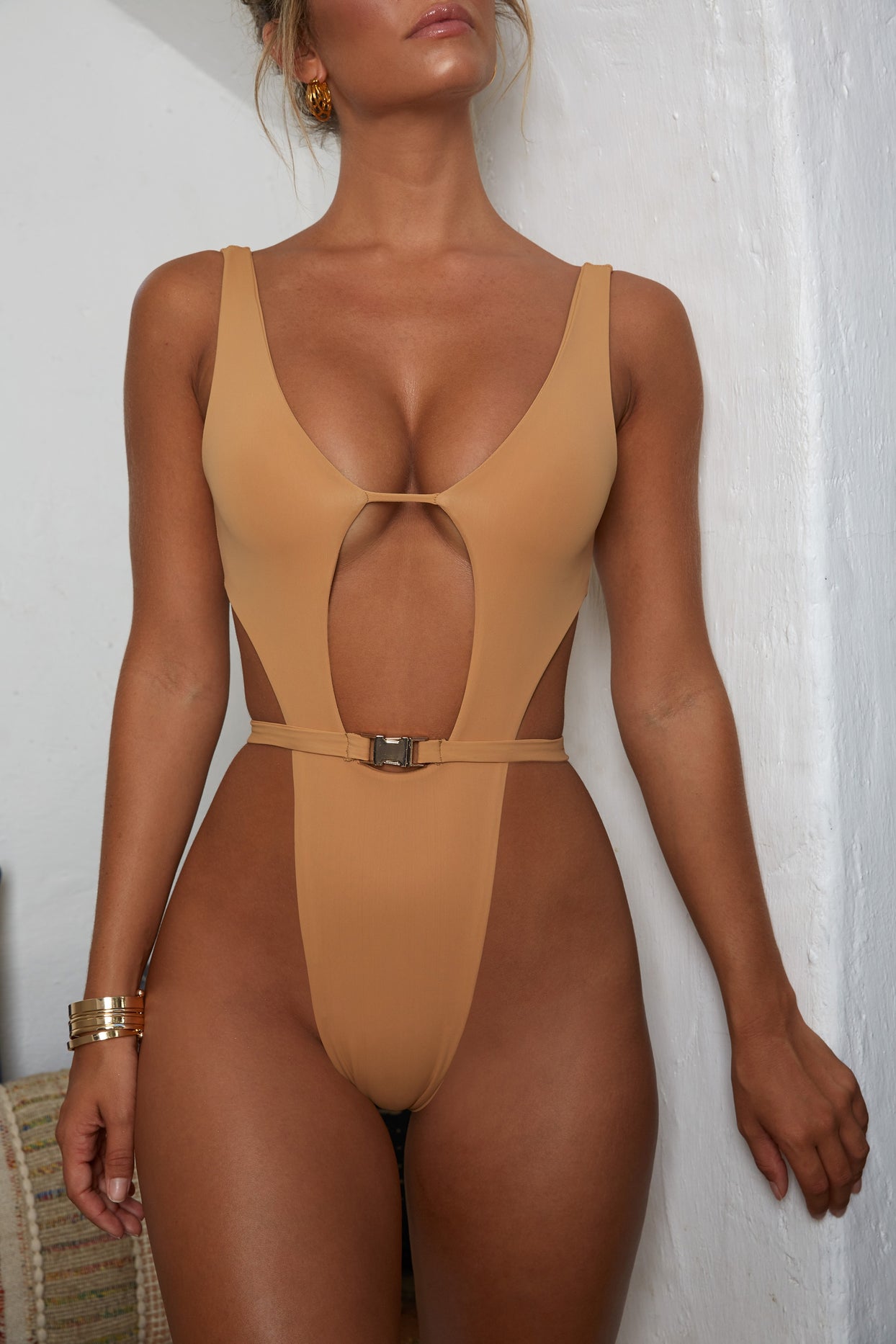 Hole Again Cut Out Thong Swimsuit in Coffee