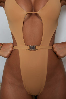 Hole Again Cut Out Thong Swimsuit in Coffee