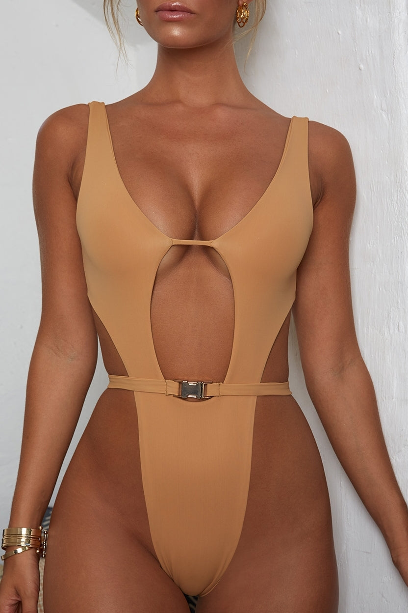 Hole Again Cut Out Thong Swimsuit in Coffee