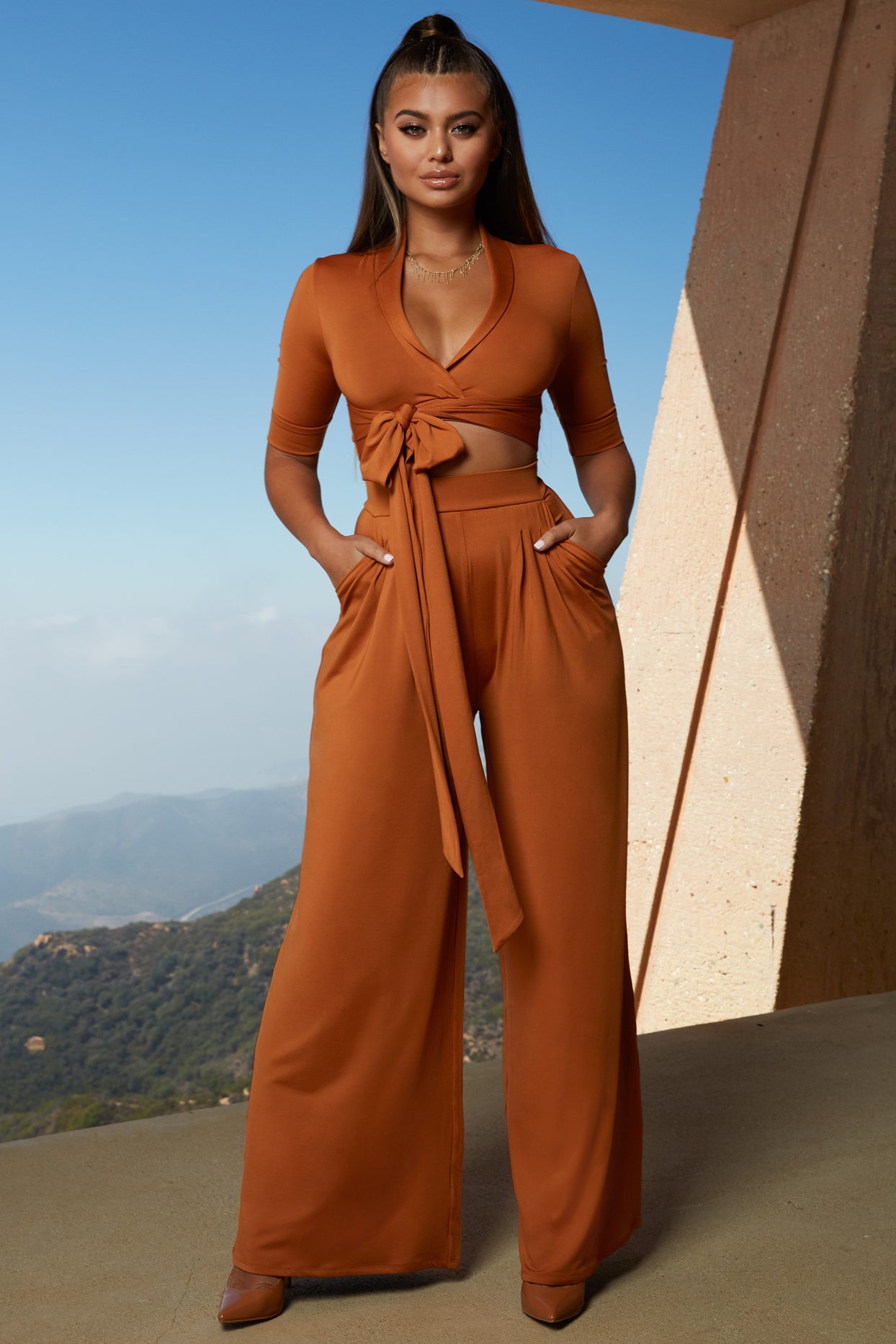 Collar At Me Petite Wide Leg Trousers in Copper