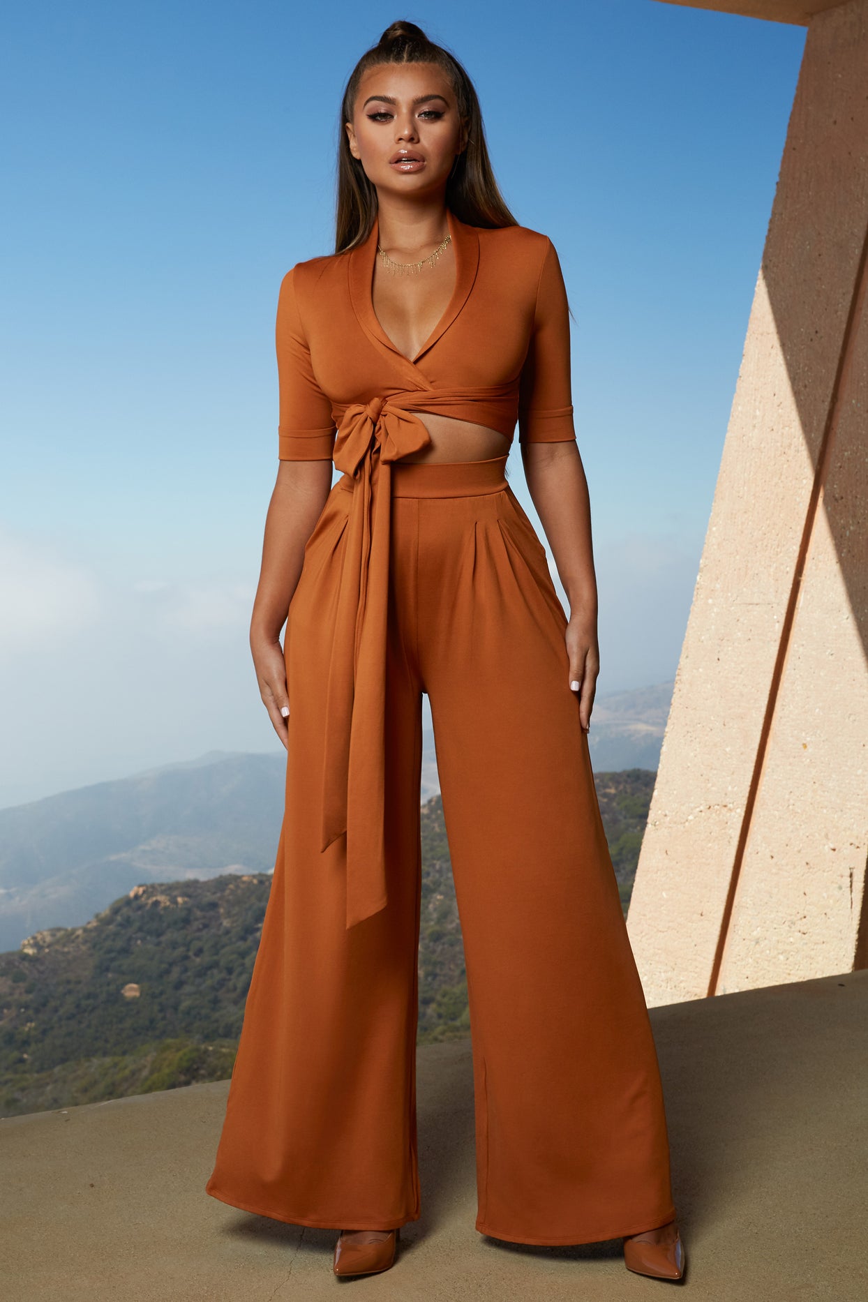 Collar At Me Wide Leg Trousers in Copper