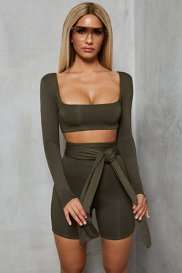 Shorty On The Side Long Sleeve Crop Top in Khaki
