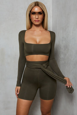 Shorty On The Side Long Sleeve Crop Top in Khaki