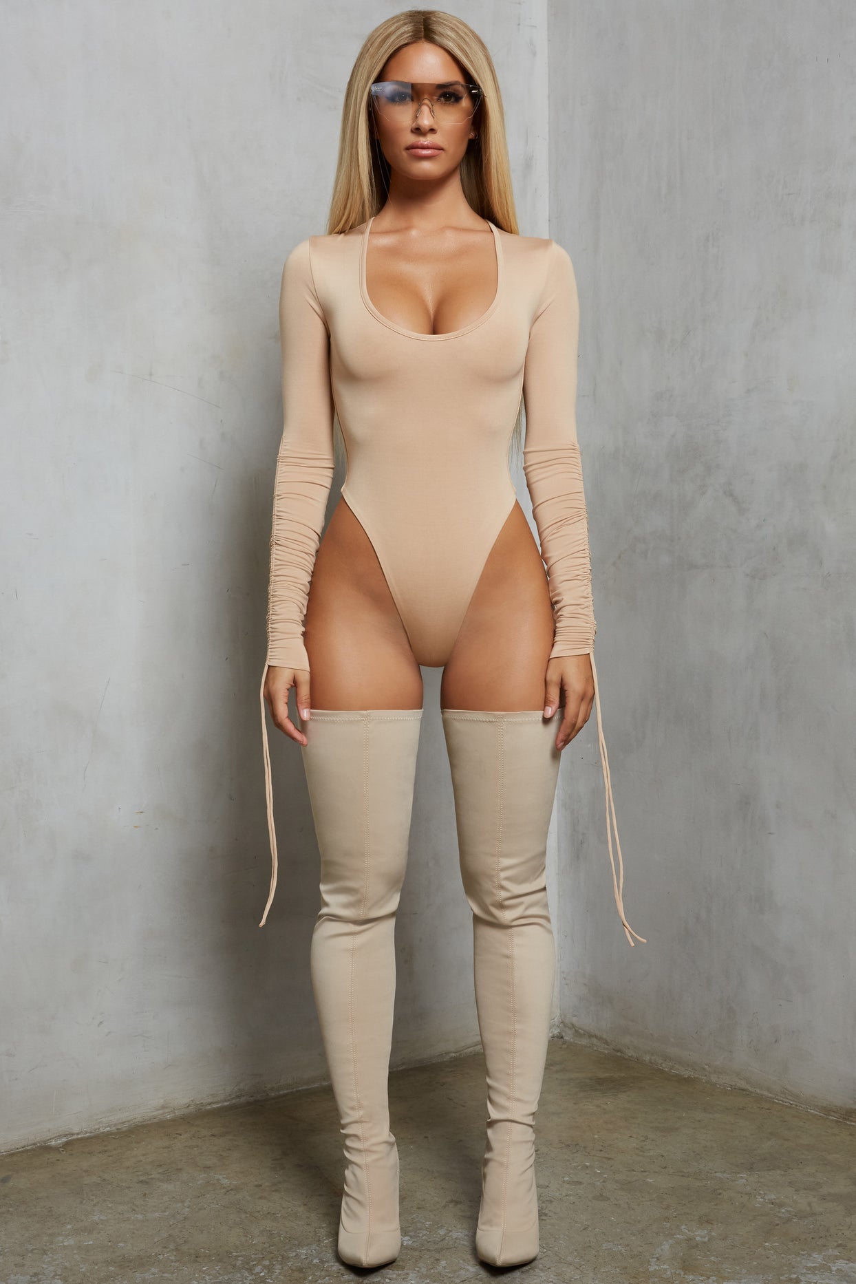 Sleeve A Message Ruched Long Sleeve Bodysuit in Beige