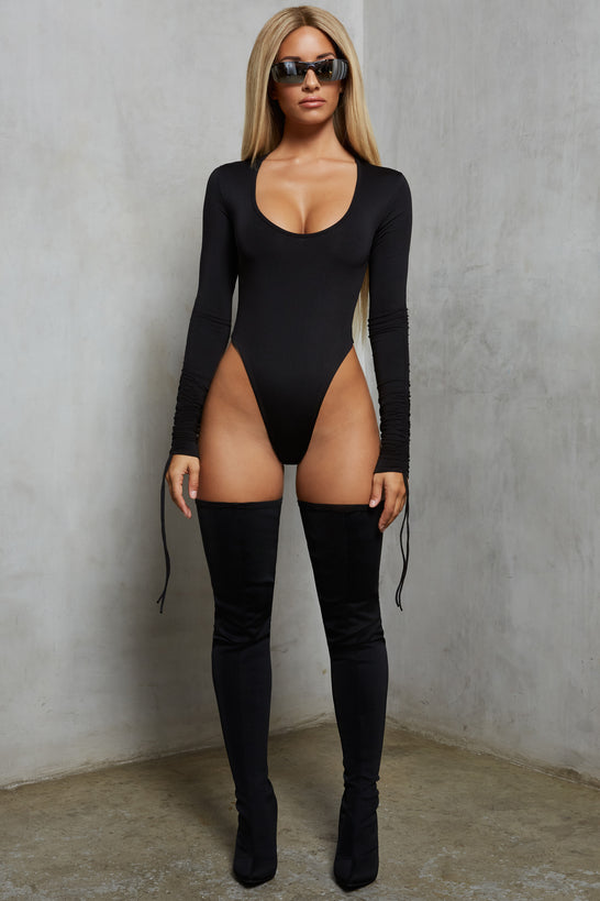 Sleeve A Message Ruched Long Sleeve Bodysuit in Black