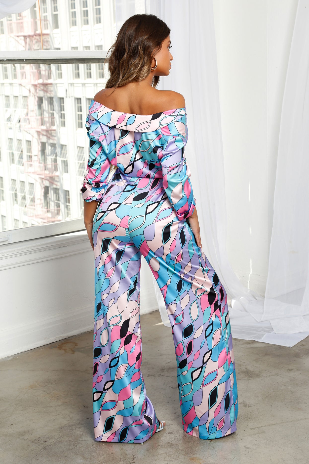 Fine Print Petite Wide Leg Satin Trousers in Abstract Print