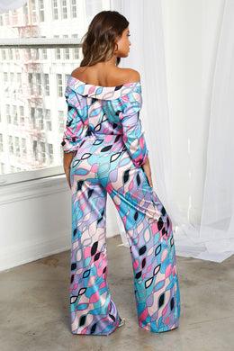 Fine Print Wide Leg Satin Trousers in Abstract Print