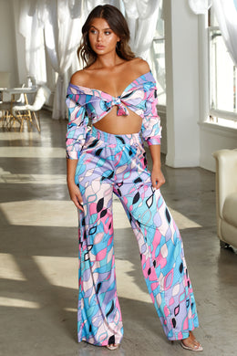 Fine Print Wide Leg Satin Trousers in Abstract Print