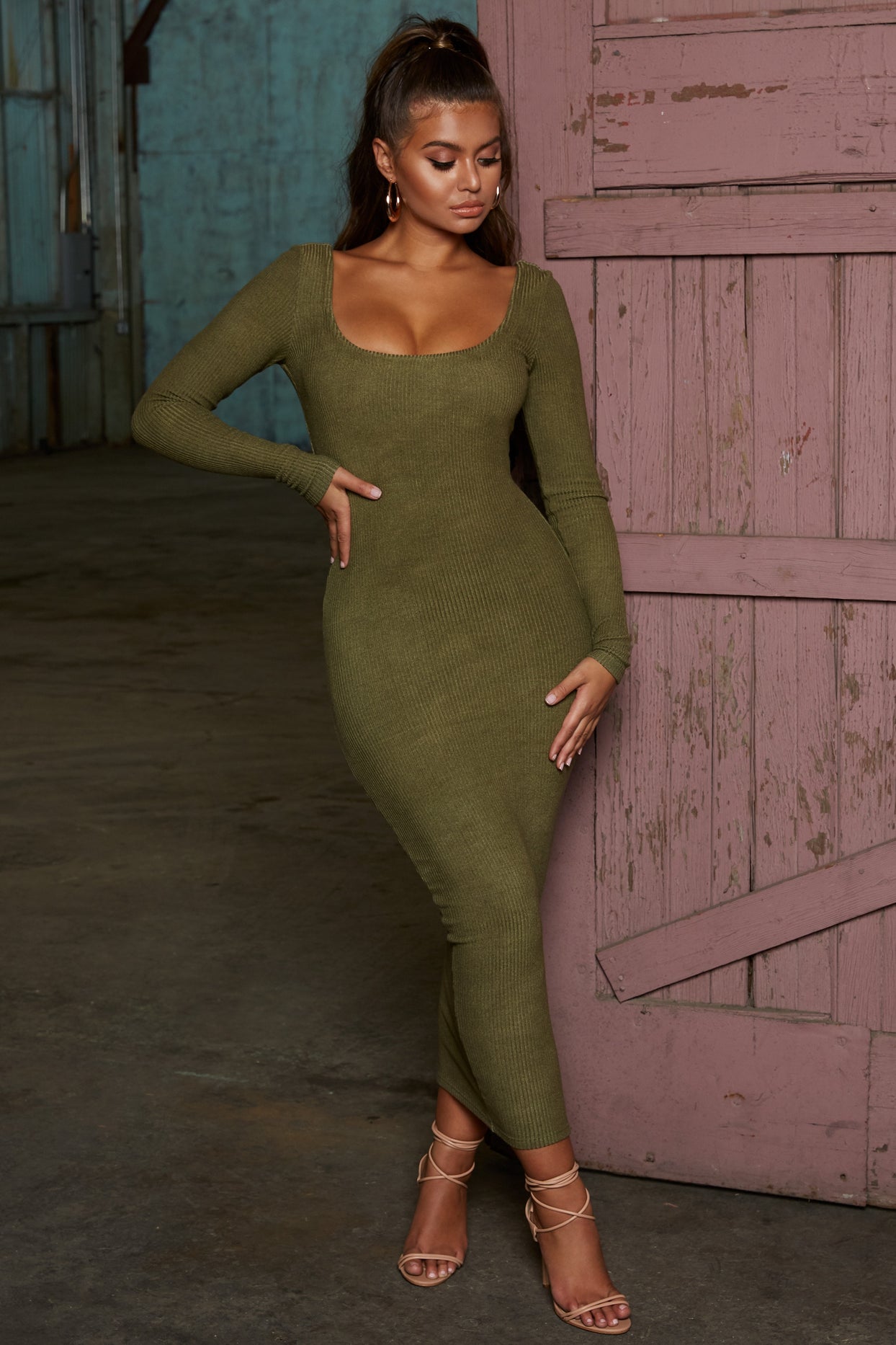 Shoot Straight Long Sleeve Ribbed Low Back Midaxi Dress in Olive