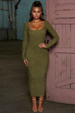 Shoot Straight Long Sleeve Ribbed Low Back Midaxi Dress in Olive