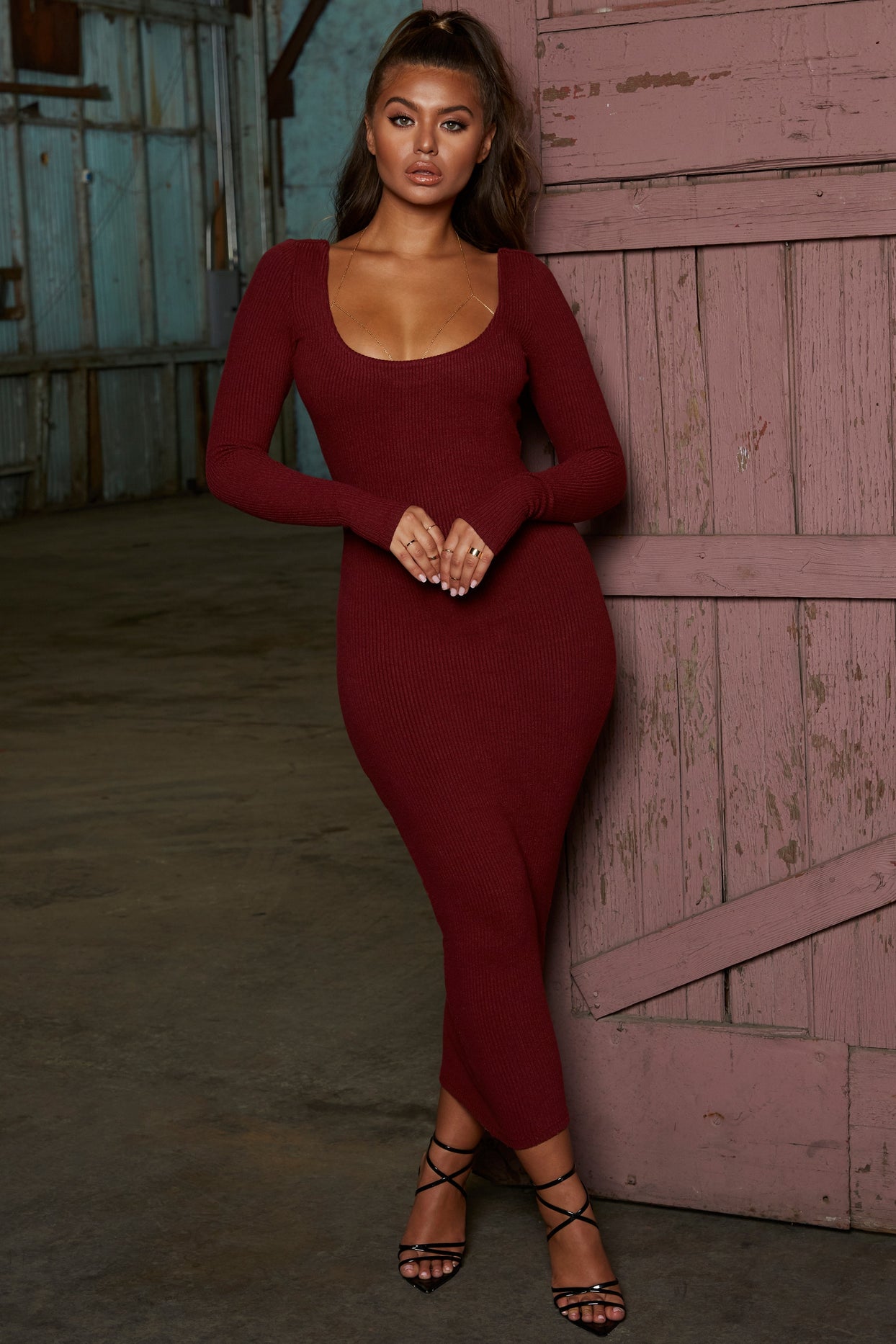 Shoot Straight Long Sleeve Ribbed Low Back Midaxi Dress in Red