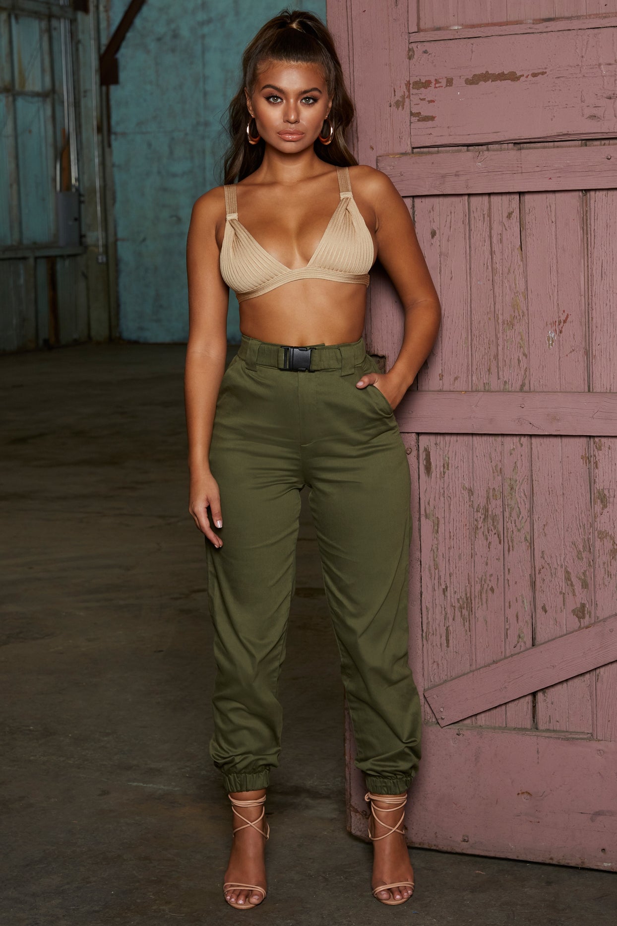 Reporting For Duty Petite High Waisted Cargo Trousers in Khaki