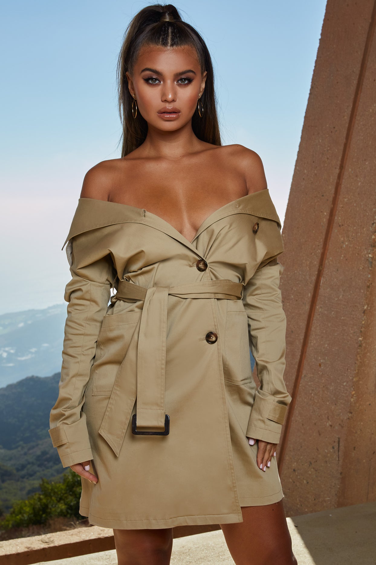 So Over You Bardot Trench Coat Dress in Beige