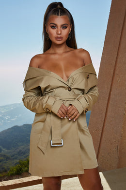 So Over You Bardot Trench Coat Dress in Beige
