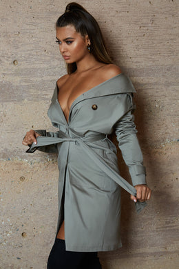 So Over You Bardot Trench Coat Dress in Khaki Grey