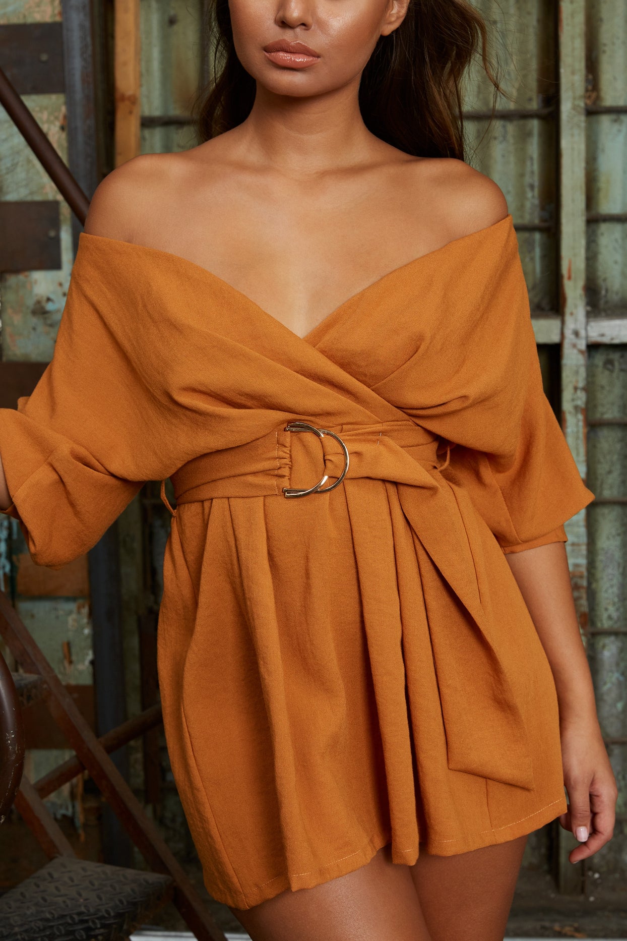 Bets Are Off Bardot Mini Wrap Dress in Burnt Orange