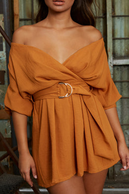 Bets Are Off Bardot Mini Wrap Dress in Burnt Orange