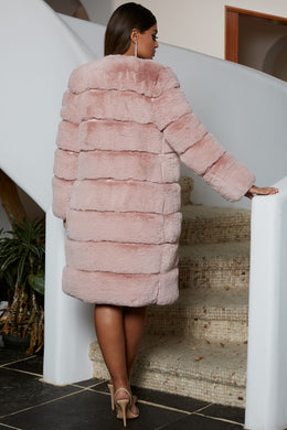 Executive Longline Panel Faux Fur Coat in Blush