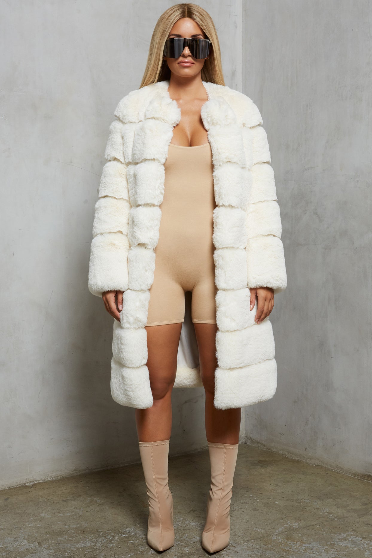 Executive Longline Panel Faux Fur Coat in Ivory
