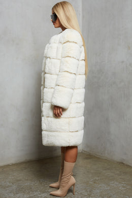 Executive Longline Panel Faux Fur Coat in Ivory