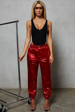 Stick With Me High Waisted Metallic Trousers in Red