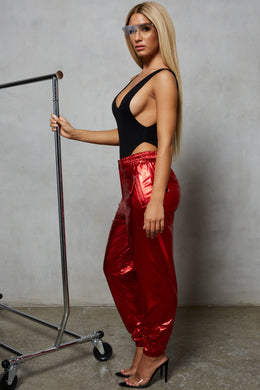 Stick With Me High Waisted Metallic Trousers in Red