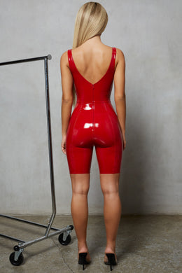 Play The Game Plunge Vinyl Playsuit in Red