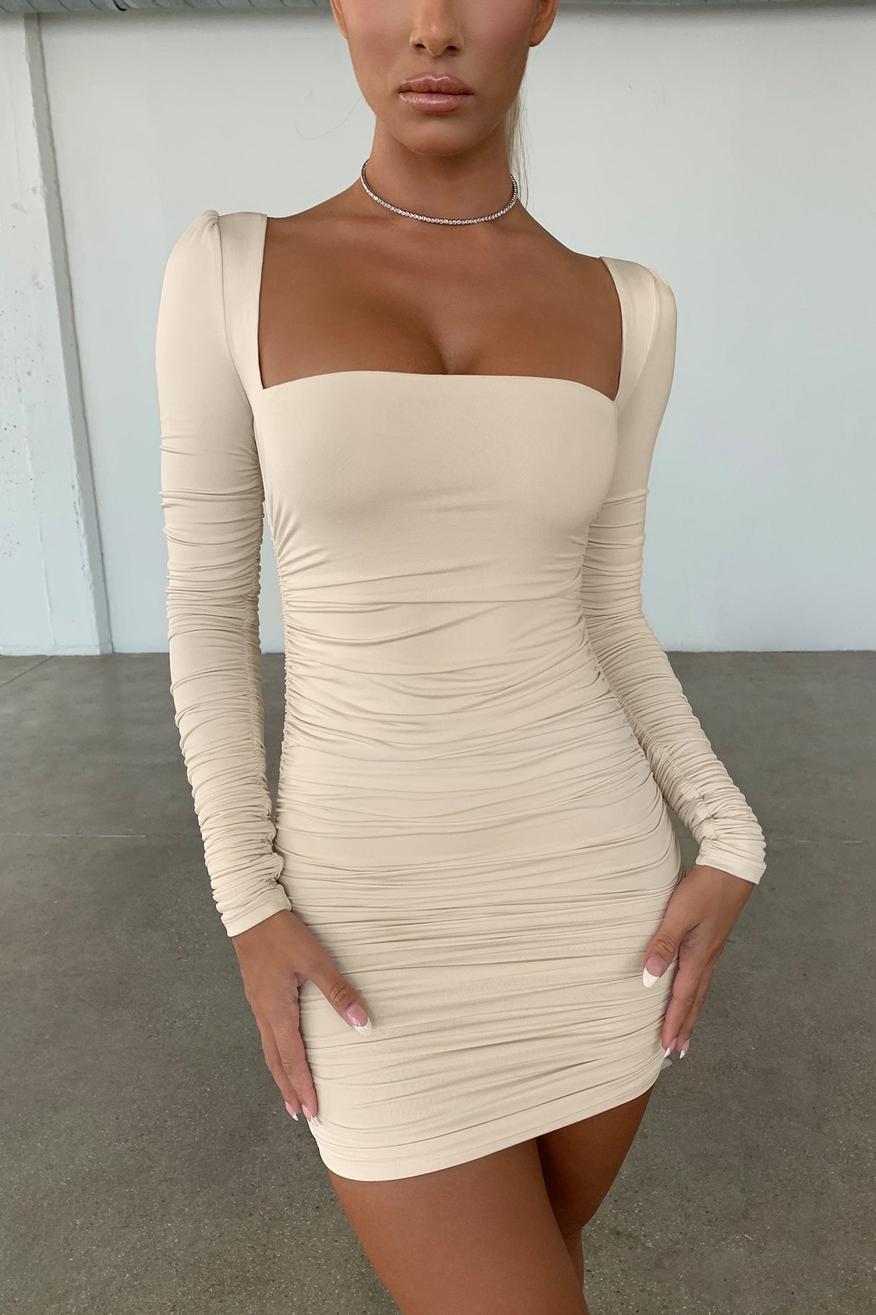 Long Sleeve Ruched Mini Dress in Oyster White