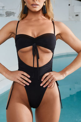 Addictive Ruched Cut Out Underbust Swimsuit in Black