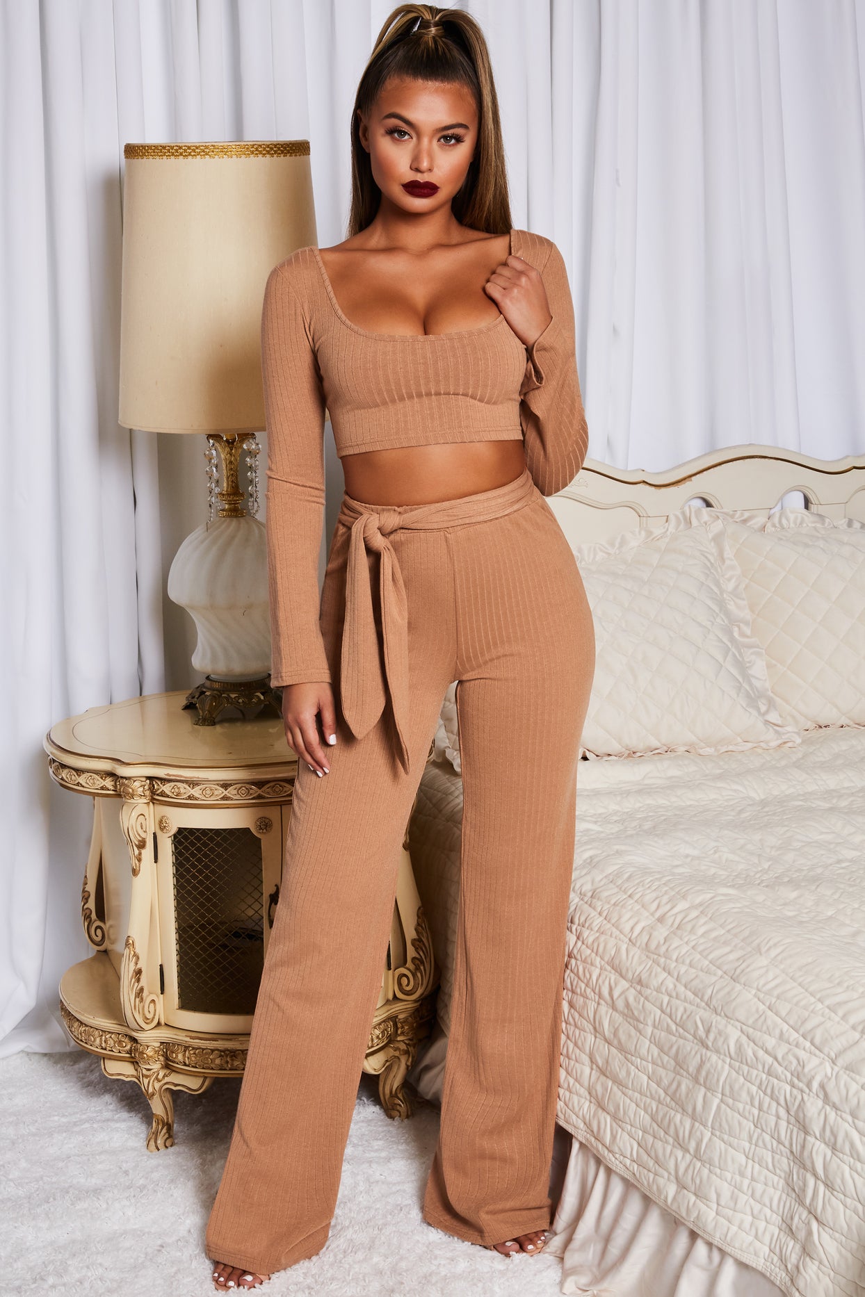Hands Are Tied Ribbed Long Sleeve Crop Top in Camel